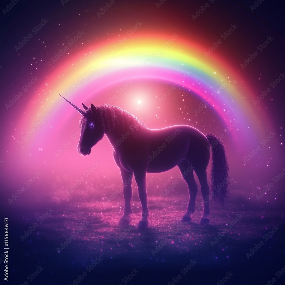 Magical dark unicorn standing under a vibrant rainbow in a mystical landscape. Magical dark unicorn standing under a vibrant rainbow in a mystical landscape.