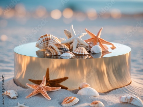 Sharp Picture of Circular Podium on Beach with Starfish and Seashells photo