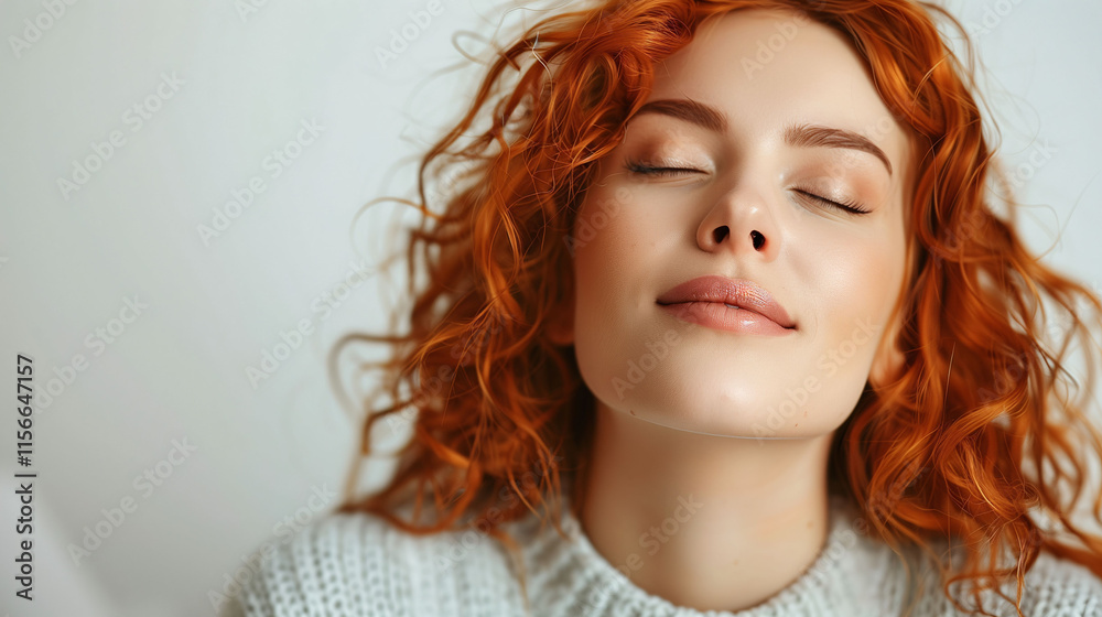 Relaxed Woman with Curly Red Hair in Cozy Sweater Relaxed Woman with Curly Red Hair in Cozy Sweater