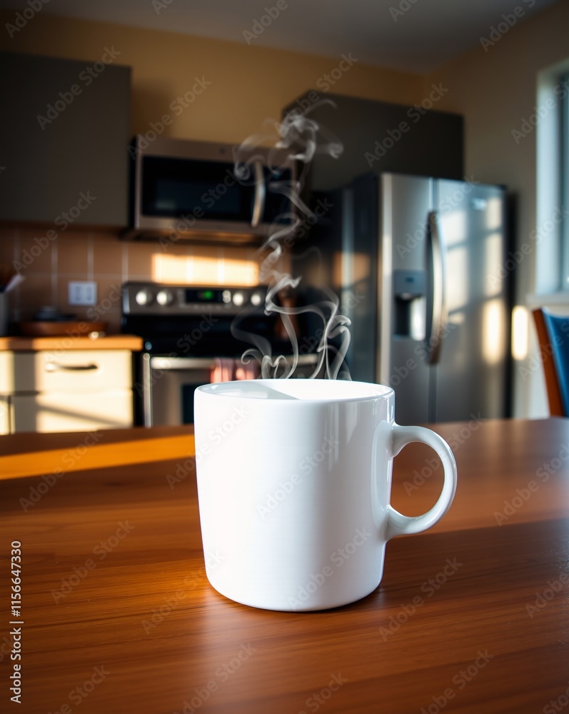 Steaming White Coffee Mug on a Wooden Table in a Modern Kitchen Setting Steaming White Coffee Mug on a Wooden Table in a Modern Kitchen Setting