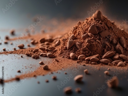 Cocoa Powder Scattered on a Dark Surface Showcasing Texture and Color Variations photo