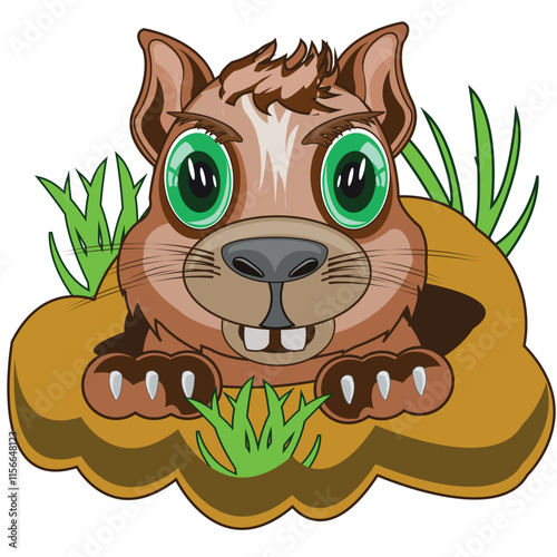 Wildlife gopher peers out its burrow in land