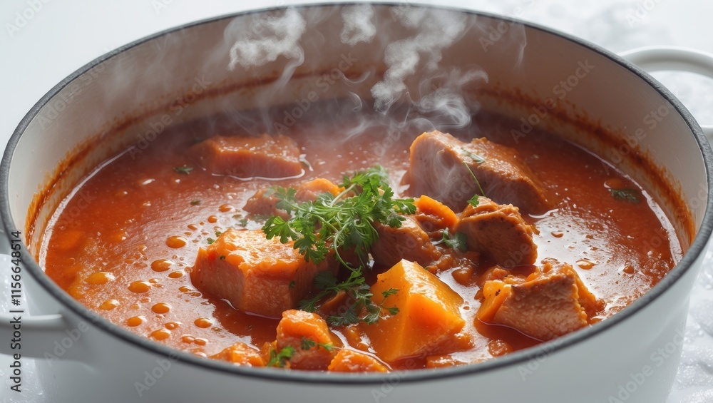 Steaming hot pot of delicious spicy stew for warm winter meals Steaming hot pot of delicious spicy stew for warm winter meals