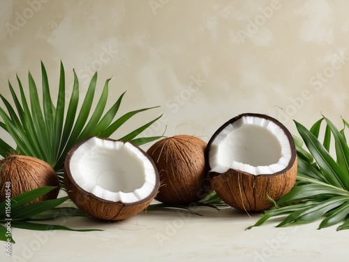 Fresh Coconut Halves Surrounded by Lush Green Leaves on Light Background Ideal for Tropical Themes photo