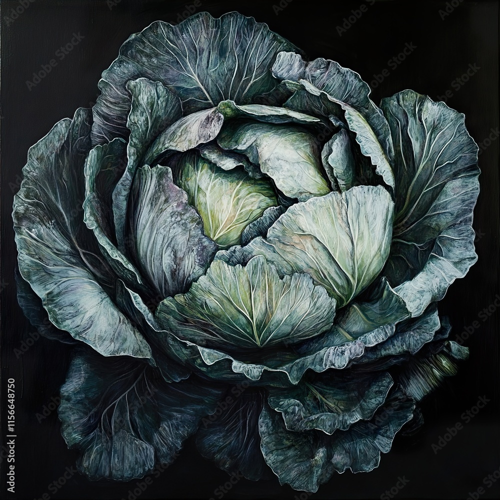 Fototapeta premium Closeup of a Vibrant Green Cabbage, Botanical Painting