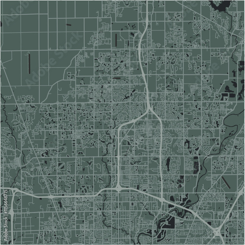 Map of Carmel in Indiana in a smooth dark style. Contains layered vector with roads water, parks, etc.