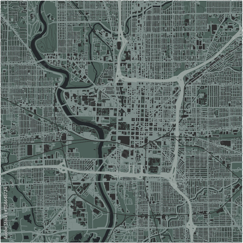 Map of Indianapolis Center in Indiana in a smooth dark style. Contains layered vector with roads water, parks, etc.