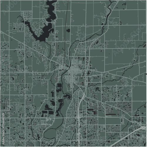 Map of Noblesville in Indiana in a smooth dark style. Contains layered vector with roads water, parks, etc.