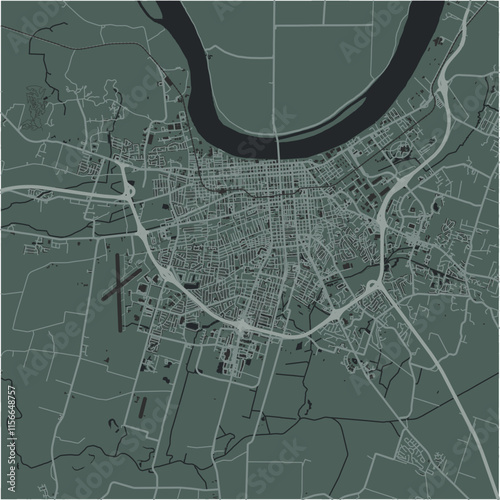 Map of Owensboro in Indiana in a smooth dark style. Contains layered vector with roads water, parks, etc.