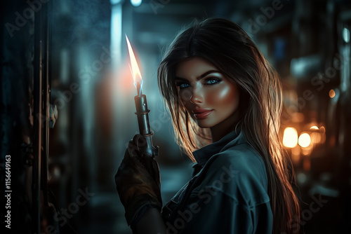 Beautiful, cute girl welder in welding glasses on background of iron factory background.