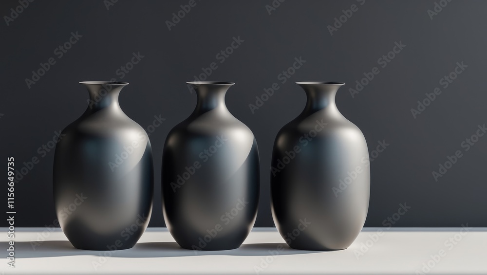 there are three black vases sitting on a table with a black background there are three black vases sitting on a table with a black background