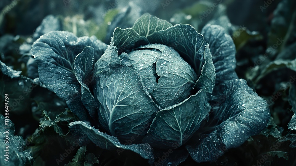 Obraz premium Closeup of Dewy Green Cabbage in a Garden