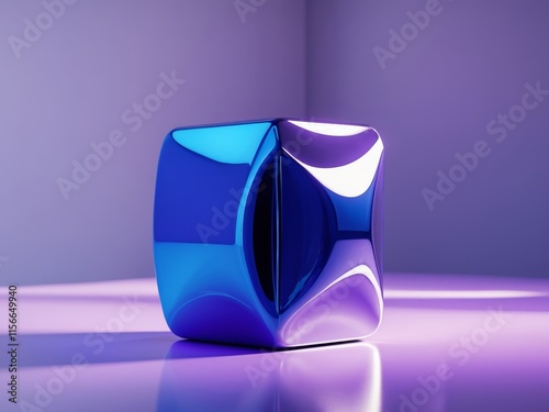 Percentage cube in blue color reflecting on smooth surface with purple light creating a business ambiance photo