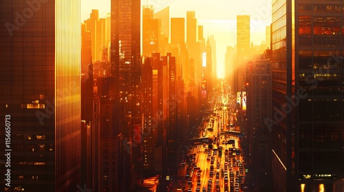 Golden Hour Cityscape Illuminating Urban Avenue