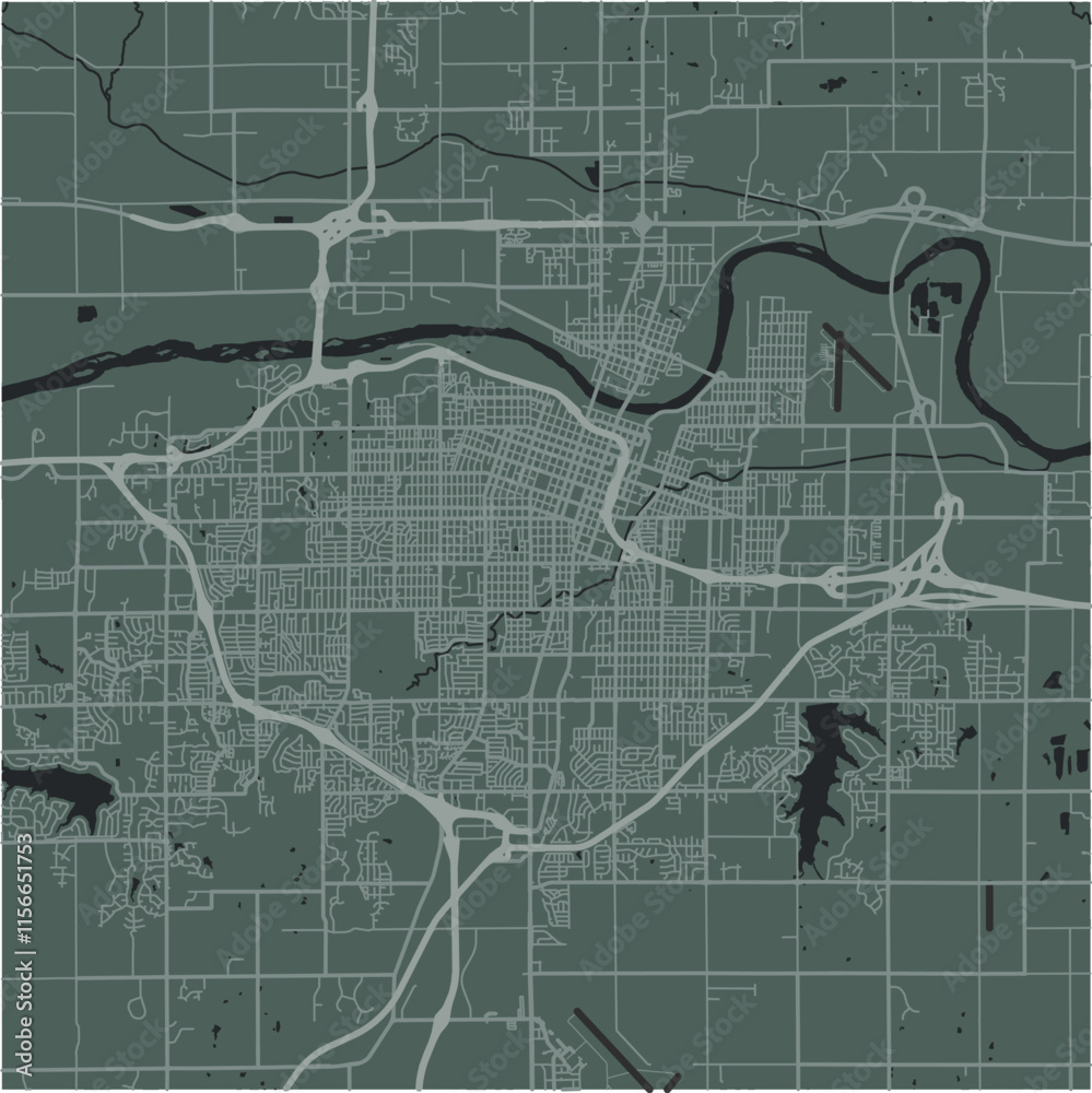 Obraz premium Map of Topeka in Kansas in a smooth dark style. Contains layered vector with roads water, parks, etc.