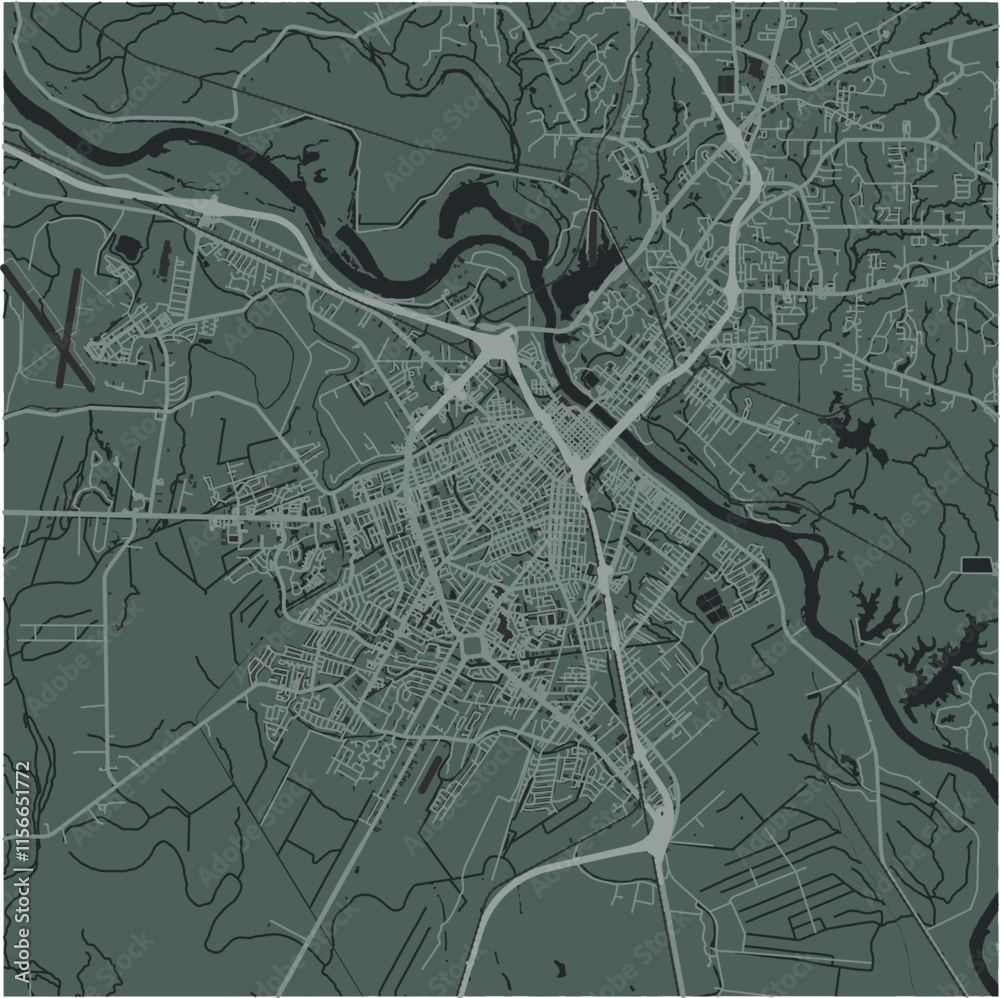 Map of Alexandria in Louisiana in a smooth dark style. Contains layered vector with roads water, parks, etc. Map of Alexandria in Louisiana in a smooth dark style. Contains layered vector with roads water, parks, etc.