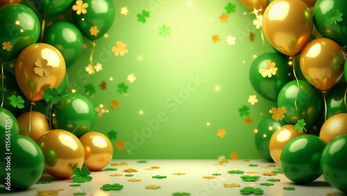 St. Patrick's Day Celebration with Green and Gold Balloons, Festive Atmosphere