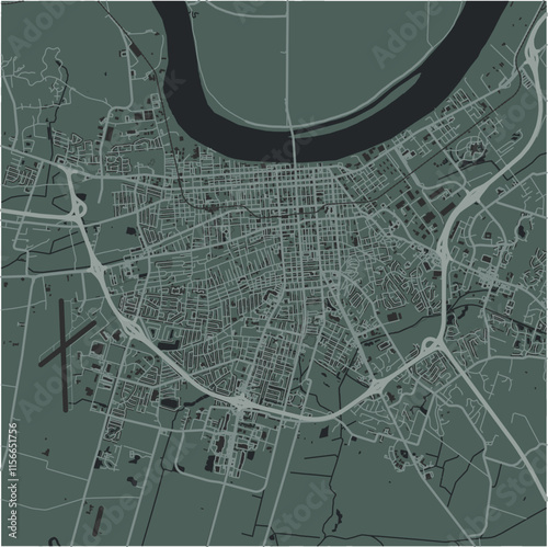 Map of Owensboro in Kentucky in a smooth dark style. Contains layered vector with roads water, parks, etc.