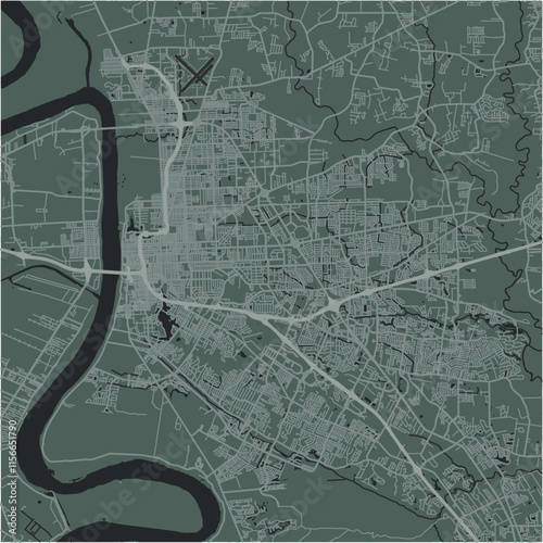 Map of Baton Rouge in Louisiana in a smooth dark style. Contains layered vector with roads water, parks, etc.