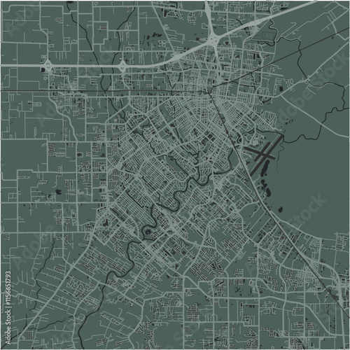 Map of Lafayette in Louisiana in a smooth dark style. Contains layered vector with roads water, parks, etc.