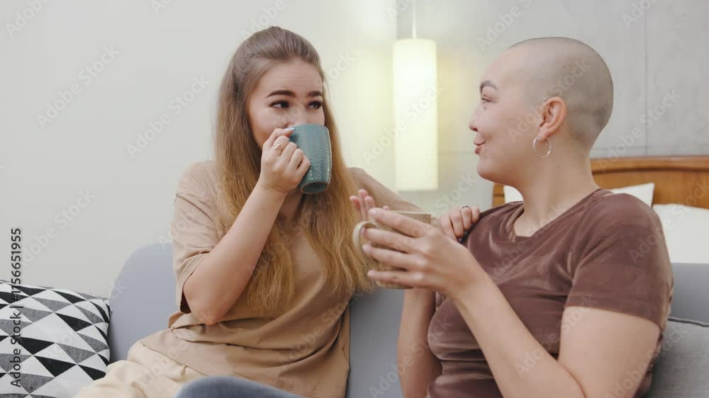 Two lesbian women sit on the couch at home, laughing and chatting while enjoying a cozy moment together over a cup of tea. Two lesbian women sit on the couch at home, laughing and chatting while enjoying a cozy moment together over a cup of tea.