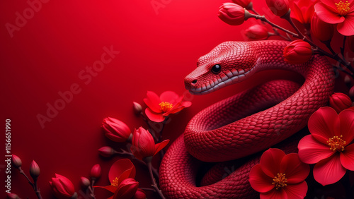 Vibrant Floral Snake Nestled Among Red Flowers, Dramatic Elegance, Chinese New Year 2025