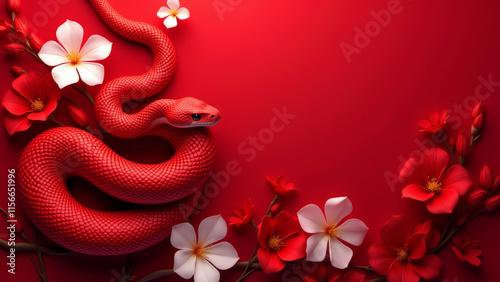 Coiled Red Snake Among Vibrant Flowers, Digital Illustration in Warm Tones, Chinese New Year 2025