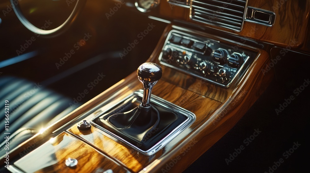 Obraz premium Vintage Car Interior Luxury Wooden Dashboard Gearshift Closeup Detail