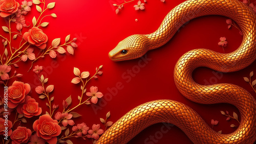 Ornate Golden Snake on Luxurious Red Floral Background, Elegance and Intricacy, Chinese New Year 2025