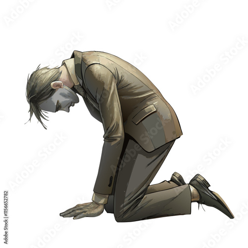 Businessman knees down on ground because of shame vector image, Isolated on white background.
