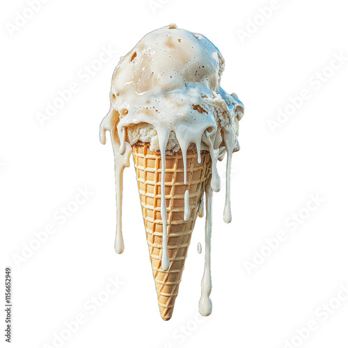 Melting ice cream cone with creamy texture and dripping sauce