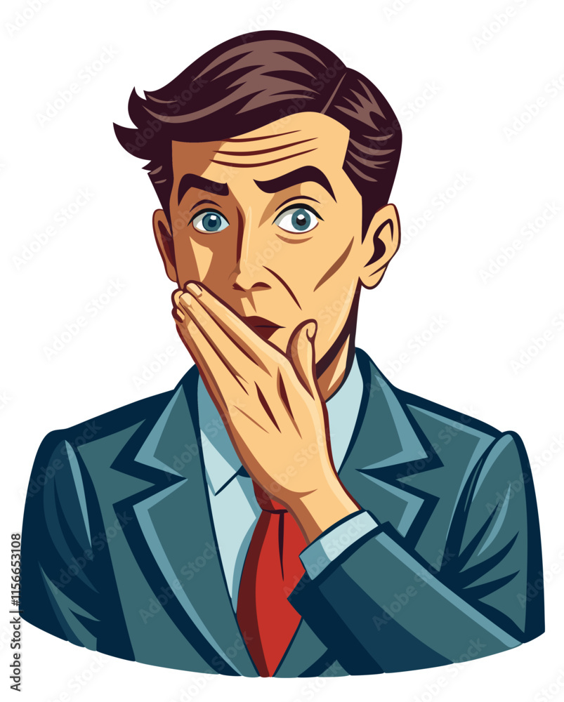 Retro businessman covered his mouth with secret vector image, Isolated on white background.
Retro businessman covered his mouth with secret vector image, Isolated on white background.