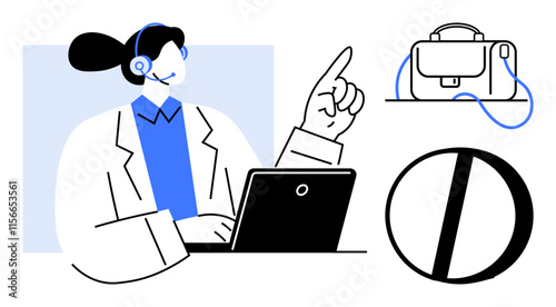 Customer service representative wearing a headset, using a laptop and pointing upward. Briefcase with shoulder strap and pie chart on the side. Ideal for tech support, business services, corporate
