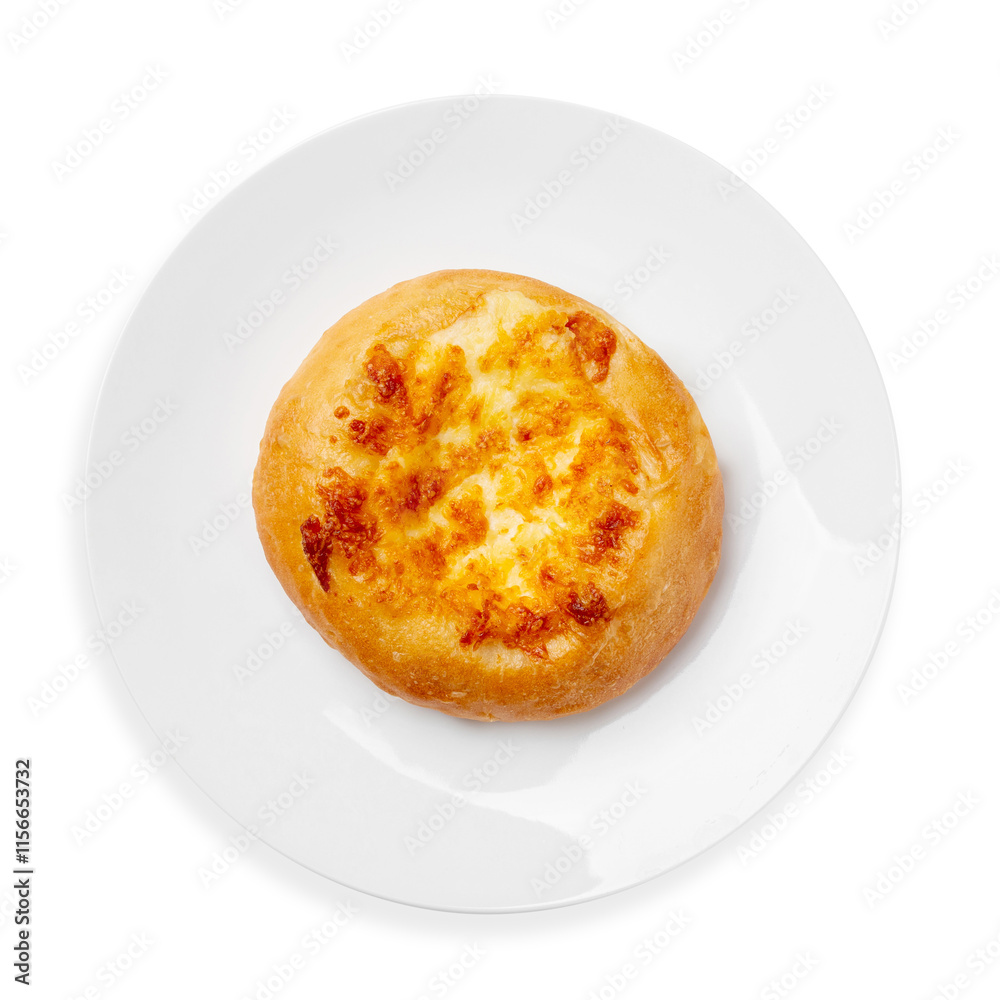 Bun with cheese, on a white background, isolated. Top view. Bun with cheese, on a white background, isolated. Top view.