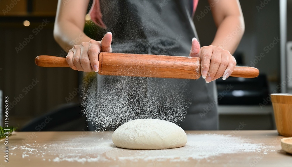 Hands sprinkle flour onto dough with a rolling pin, showing bread-making process. Hands sprinkle flour onto dough with a rolling pin, showing bread-making process.