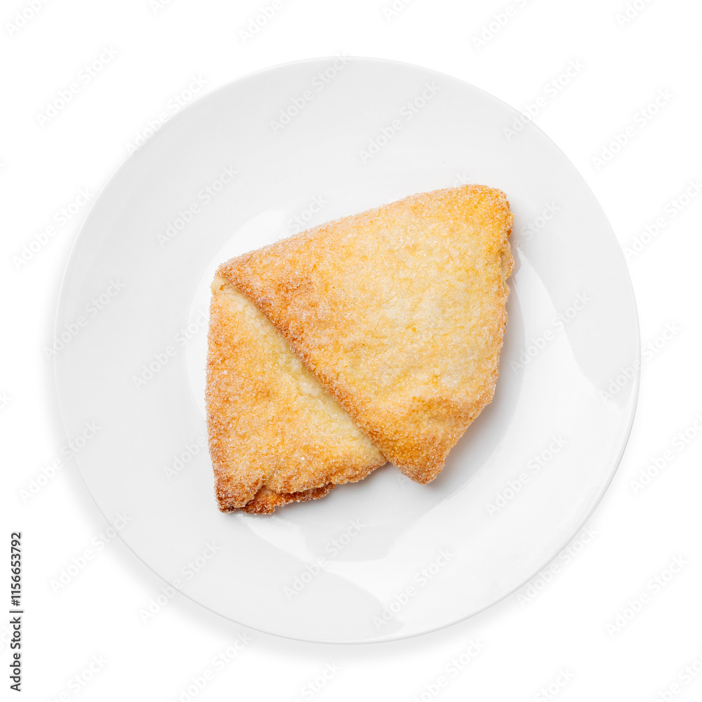 Bun with sugar sprinkles, on a white background, isolated. Top view. Bun with sugar sprinkles, on a white background, isolated. Top view.
