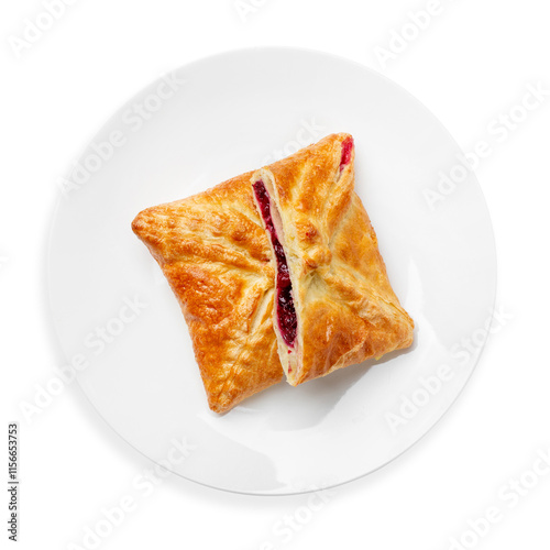 Bun with cherry jam, on a white background, isolated. Top view.