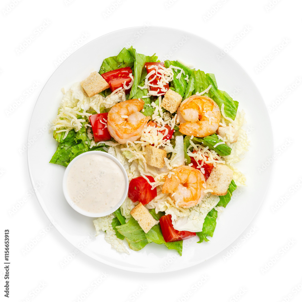 Caesar salad with shrimps and fresh vegetables, on a white background, isolated. Top view. Caesar salad with shrimps and fresh vegetables, on a white background, isolated. Top view.