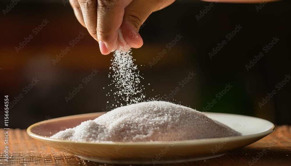 Hand sprinkles salt, showing the action of adding seasoning to food. Hand sprinkles salt, showing the action of adding seasoning to food.