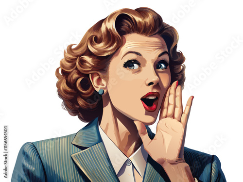 Retro businesswoman whispers a gossip vector image, Isolated on white background.
