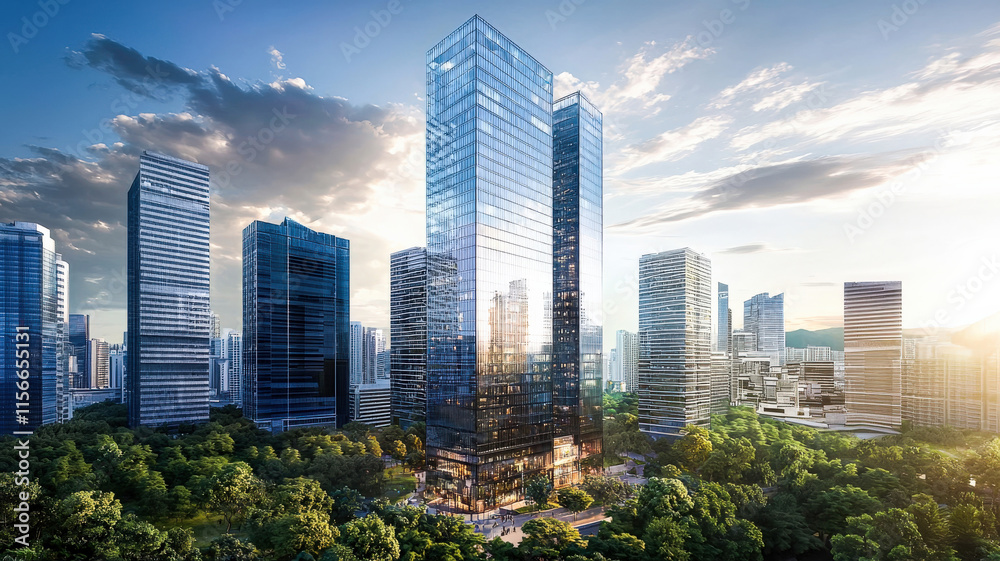 A sleek modern skyscraper featuring a reflective glass facade, surrounded by other high-rise buildings in a bustling city, showcasing urban architecture and vibrancy. A sleek modern skyscraper featuring a reflective glass facade, surrounded by other high-rise buildings in a bustling city, showcasing urban architecture and vibrancy.