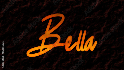 3D fire text effect of name Bella on dark background.	