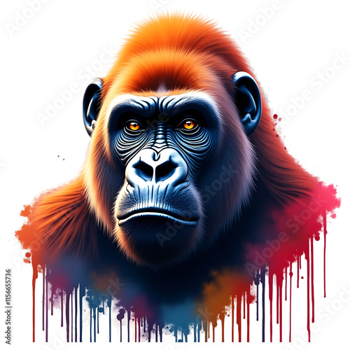 Gorilla portrait with colorful splashes isolated on transparent background. photo