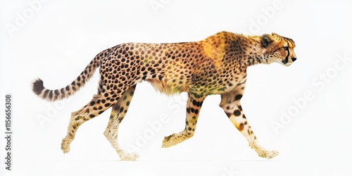 Double exposure effect showcasing a walking cheetah set against a white background, highlighting the unique blend of imagery that emphasizes the grace and speed of the cheetah.