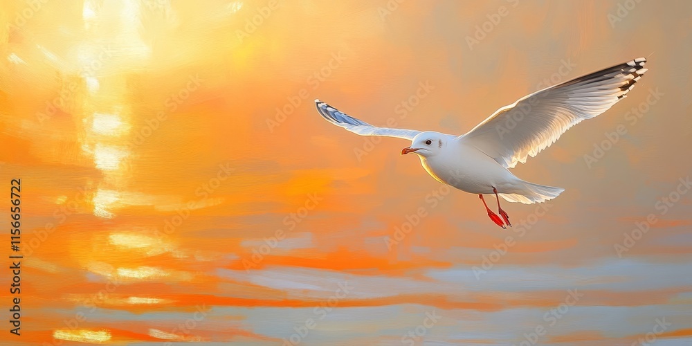 Fototapeta premium Seagull gliding gracefully during sunset over the shimmering river, capturing the serene beauty of nature with the captivating sight of a seagull in flight at dusk.