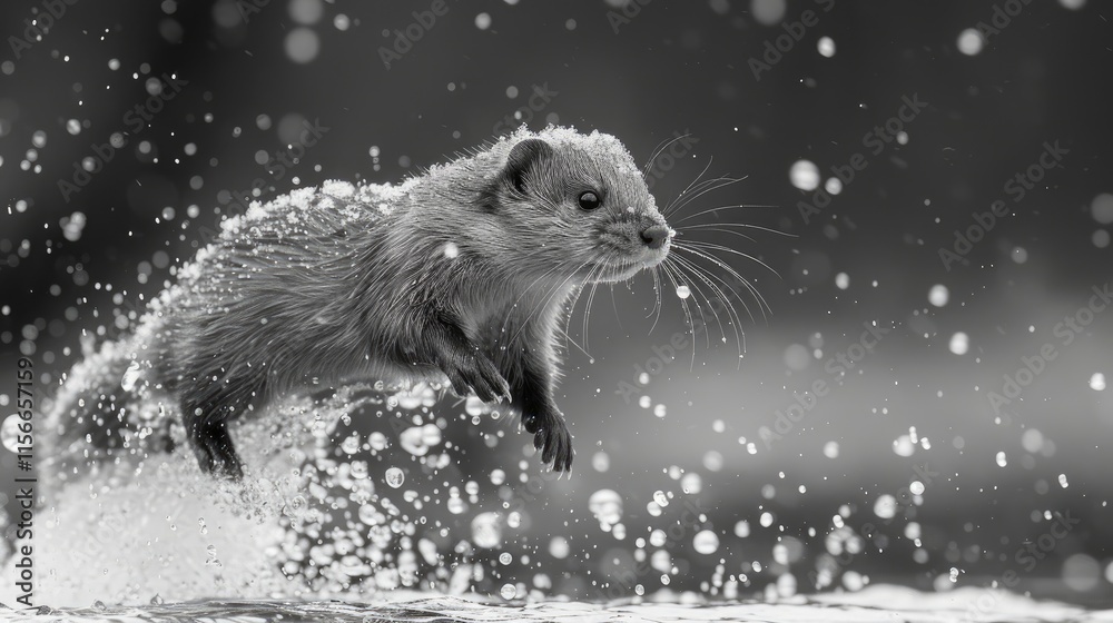 Obraz premium A playful animal leaps from the water, creating splashes in a dynamic black-and-white scene.
