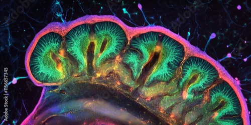 Cerebral cortex and hippocampus sections of a mouse brain, highlighted using immunofluorescence techniques and captured via confocal laser scanning microscopy for detailed analysis.