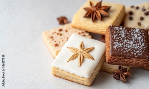 Assorted Christmas Biscuits with Almond Cookies and Star Anise on a Simple Background for Festive Culinary Displays photo