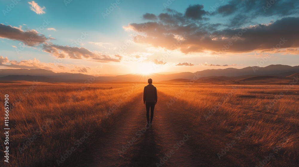 Sunset Solitude: A Man Walks Towards the Golden Horizon Sunset Solitude: A Man Walks Towards the Golden Horizon