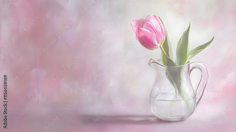 A single pink tulip in a clear glass pitcher A single pink tulip in a clear glass pitcher